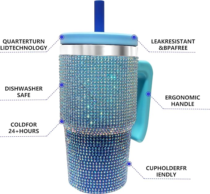 2PCS 20-OZ Insulated Water Bottle,Insulated Stainless Steel Tumbler,Reusable Cold Drink Thermos,BPA-Free, Double-Wall Stainless Steel Water Bottle (Royal Blue - Diamonds, 20, Fluid Ounces) - Image 5