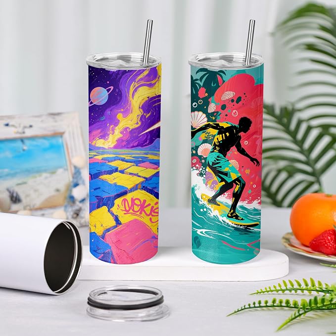 Joyclub 1 Pack Sublimation Tumbler 20 oz Bulk Blank Tumblers Skinny Straight Flat Bottom Cups White with Lid and Straw - Image 2