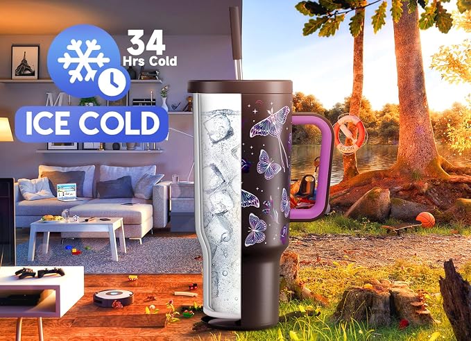 Meoky 40 oz Glow in the Dark Tumbler with Handle and Straw, Tumbler with Lid and Straw, Insulated Stainless Steel Travel Mug, 100% Leak-proof, Keeps Cold for 34 Hours (Butterfly) - Image 2