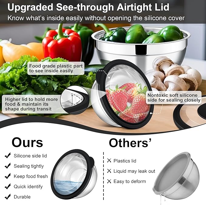 E-far Mixing Bowls Set of 5, Stainless Steel Salad Mixing Bowl - Image 2