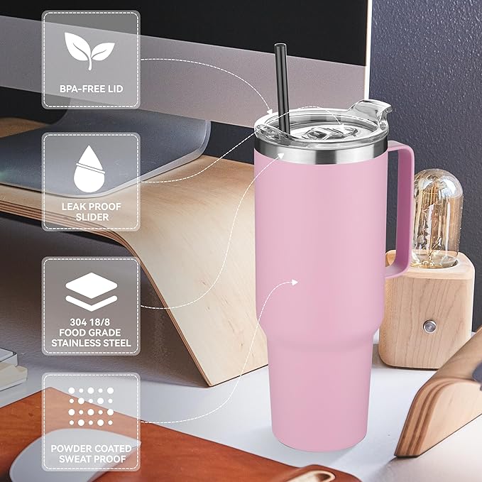 HASLE OUTFITTERS 40 oz Stainless Steel Tumbler with Handle, Vacuum Insulated Tumblers Bulk, Reusable Double Wall Travel Coffee Mug, Durable Powder Coated Water Bottle(Pink, 1) - Image 4