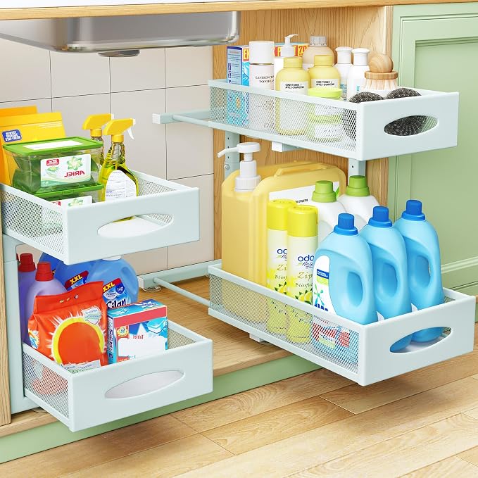 2 Pack Under Sink Organizer, 2 Tier Pull out Cabinet Organizer Mesh Baskets by Kitstorack