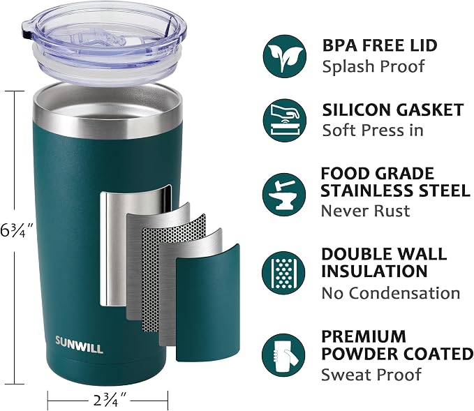 SUNWILL Travel Coffee Tumbler 20 oz, Insulated Mug with Lid, Stainless Steel Cup for Outdoor, Powder Coated Dark Green - Image 2