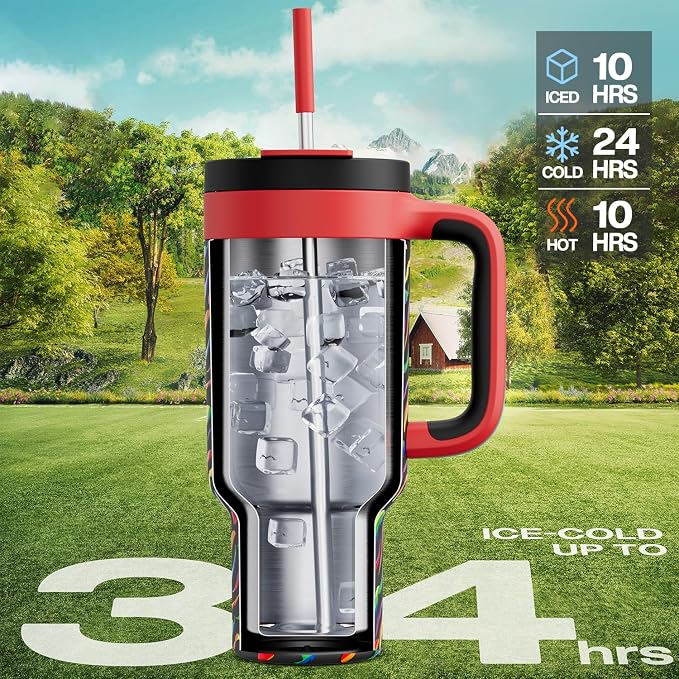 POWCAN 40 oz Tumbler with Handle, 2-in-1 Straw and Sip Lid, Leakproof, Dishwasher Safe, Insulated Stainless Steel Travel Coffee Mug, Keeps Cold for 34 Hours, Fits in Car Cup Holder (Rainbow Whiskers) - Image 2
