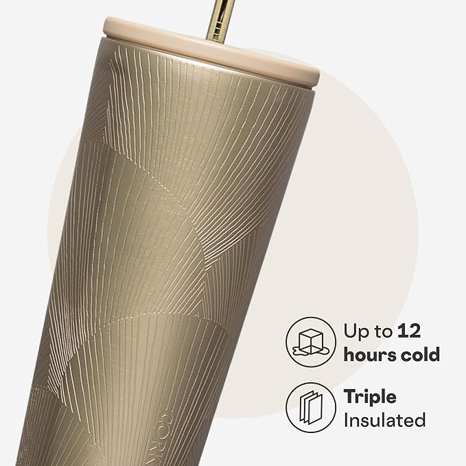 Corkcicle Cold Cup Insulated Tumbler with Straw - Keeps Drinks Cold for 12 Hours - Triple-Insulated Stainless Steel - Leak-Resistant Lid - Summer Drinkware Gift - 24 oz - Champagne Dreams - Image 3