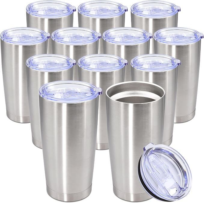 20oz Tumbler Bulk Stainless Steel Tumbler Cup with Lid Vacuum Insulated Double Wall Travel Mug, Durable Powder Coated Travel Coffee Tumbler Mug for Hot & Cold Drinks, Stainless Steel,12 Pack by AUWBON