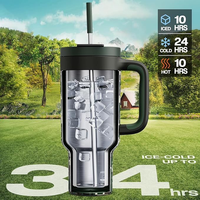 40 oz Camo Tumbler with Handle, 2-in-1 Straw and Sip Lid, Leakproof, Dishwasher Safe, Insulated Stainless Steel Travel Coffee Mug, Keeps Cold for 34 Hours, Fits in Car Cupholder (Woodland Flag) - Image 2