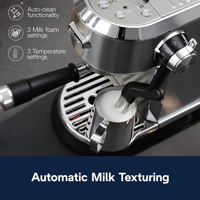 De'Longhi Dedica Maestro Plus Espresso Machine, Automatic Steam Wand, 3 Coffee Temp & Milk Foam Settings, 54oz Removable Tank, Easy-to-Clean Dishwasher-Safe Parts, Compact Stainless Steel Design - Image 3