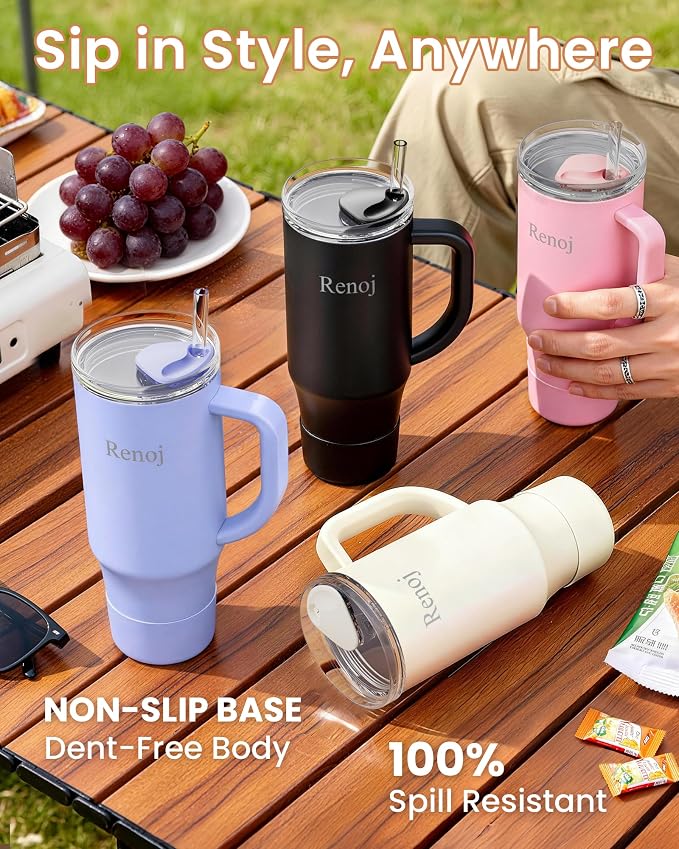 Renoj Insulated Mug 100% Spill Resistant Insulated Water Bottle for Iced Coffee & Hot Drinks - Fits Car Cup Holder, Ideal Gift, 2 Straws & Silicone Boot - FlexSlide Pink 40 oz - Image 7
