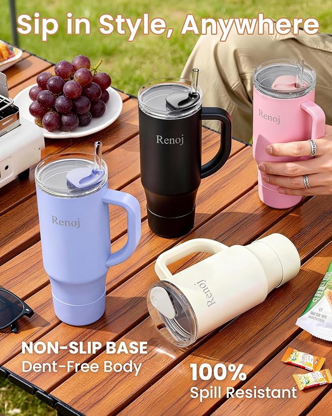 Renoj Insulated Mug 100% Spill Resistant Insulated Water Bottle for Iced Coffee & Hot Drinks - Fits Car Cup Holder, Ideal Gift, 2 Straws & Silicone Boot - FlexSlide White 32 oz - Image 7