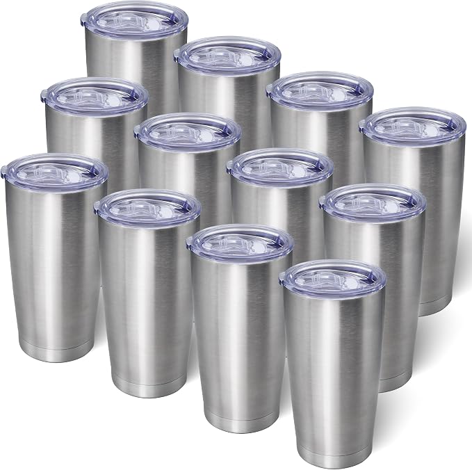 AIANJI 20oz Tumbler Bulk Stainless Steel Tumblers with Lid Vacuum Insulated Double Wall Travel Coffee Mug Powder Coated Tumbler Cup for Hot and Cold Drinks(Stainless Steel, 12 pack) by AIANJI