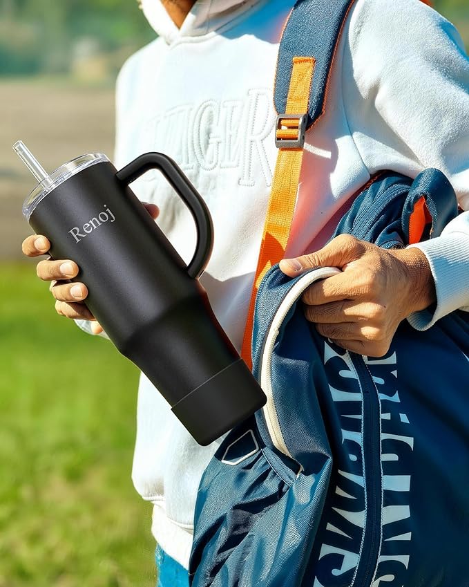 Renoj Insulated Mug 100% Spill Resistant Insulated Water Bottle for Iced Coffee & Hot Drinks - Fits Car Cup Holder, Ideal Gift, 2 Straws & Silicone Boot - FlexSlide White 40 oz - Image 3