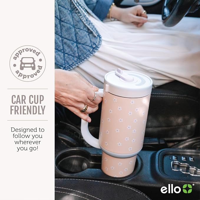 Ello Oasis 30 oz Tumbler with Handle & Retracting Straw | Reusable Insulated Stainless Steel Cup 100% Leakproof, Gifts for Teens Women Men | Keeps cold for 24 Hours, Cup Holder Friendly, Daisies - Image 6