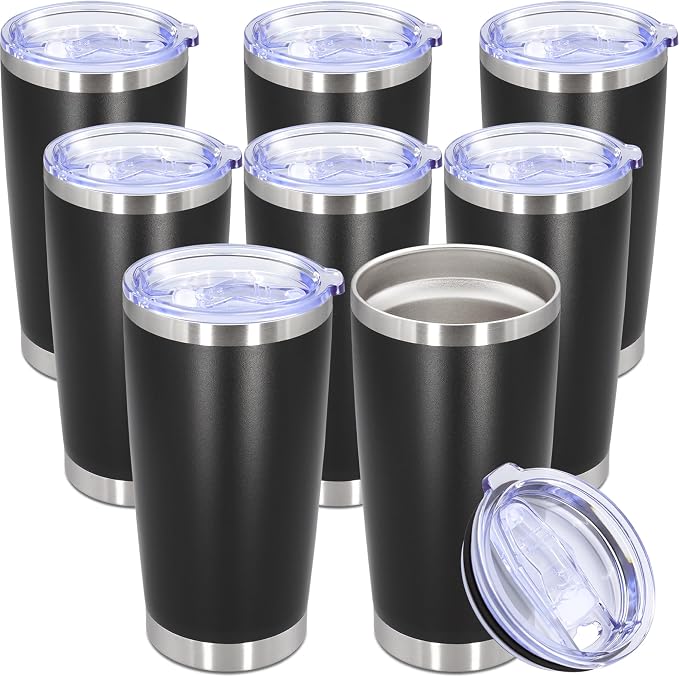 20oz Tumbler Bulk Stainless Steel Tumbler Cup with Lid Vacuum Insulated Double Wall Travel Mug, Durable Powder Coated Travel Coffee Tumbler Mug for Hot & Cold Drinks, Black,8 Pack by AUWBON