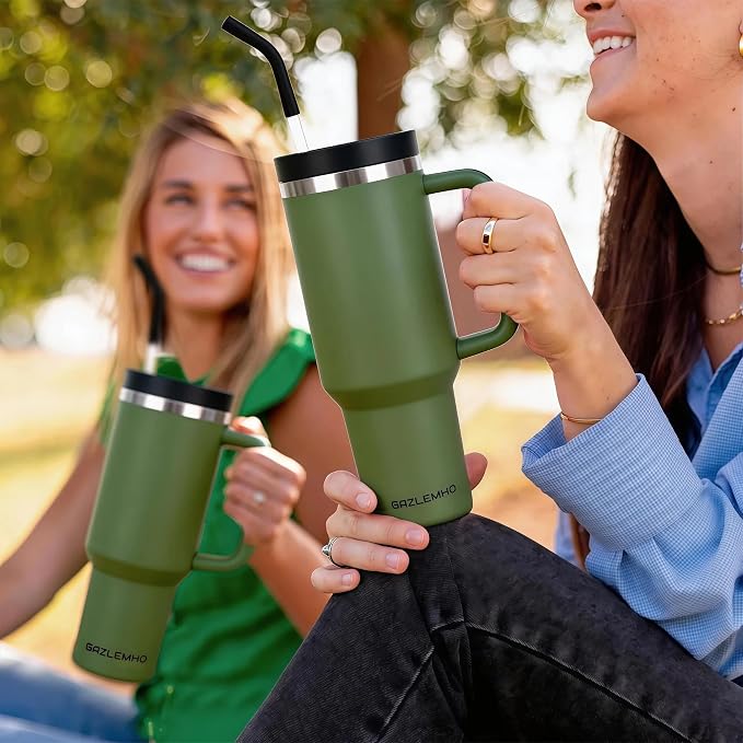 40oz Tumbler with Handle and Straw Spout 2-in-1 Lid, Spill Leak Proof Insulated Travel Cup Traveler Water Mug Keep Cold Hot, Dishwasher Safe Stainless Steel Bottle Gifts for Women Men, Army Green - Image 2