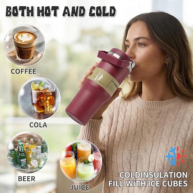 30oz Flip Straw Insulated Water Bottle with Handle, Leak Proof Stainless Steel Travel Tumbler With Lid, Double Wall Vacuum Iced Coffee Travel Mug, Sport Cup, Outside use - Image 6