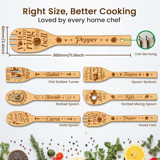 CUTHOLLOW 6PCS Vegetables Wooden Kitchen Cooking Utensil Set, 11.9in Non Toxic - Image 2