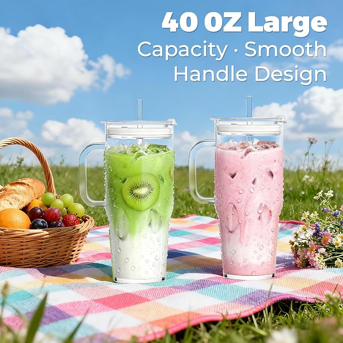 Birity 40OZ Borosilicate Glass Tumbler with Handle,Glass Cup with Lid and Straw-Reusable Iced Coffee Cup with Lid for Boba, Smoothies,Beer,Juice|Suitable for Gifts,Travel,Outdoor,Partys&Home - Image 7