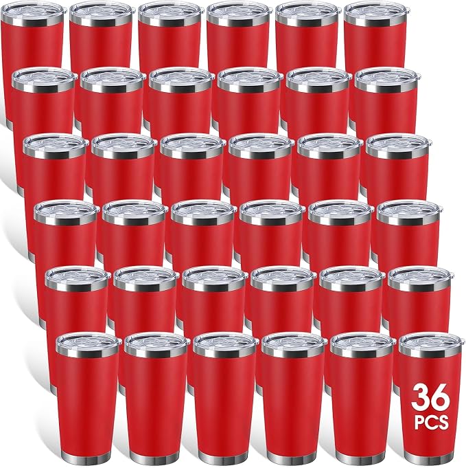 Sieral 36 Pack Stainless Steel Tumblers Bulk with Lids Double Wall Vacuum Insulated Coffee Cups Blank leakproof Powder Coated Tumblers for Engraving Wedding Graduation Party Favors(20 oz,Red) by Sieral