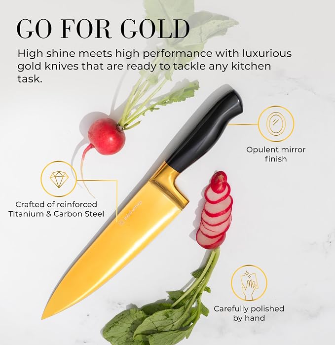 Black and Gold Knife Set with Block and Sharpener – 14-Piece Full Tang Golden - Image 4