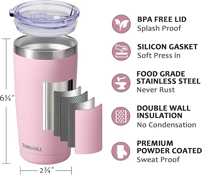 SUNWILL Travel Coffee Tumbler 20 oz, Insulated Mug with Lid, Stainless Steel Cup for Hot and Cold Drinks, Powder Coated Sakura - Image 2