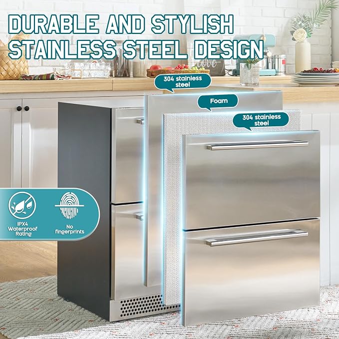 Albott 24 Inch Under Counter Drawer Fridge, Low Noise Beverage Refrigerator | Includes Stainless Steel Dual Drawers, LED Touch Control, Adjustable Storage, Frost-Free, 34-72℉ for Indoor or Outdoor Use - Image 3