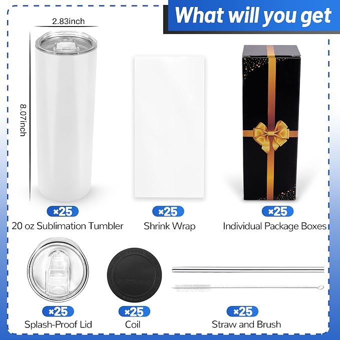 Joyclub 25 Pack 20 oz Sublimation Tumblers Bulk Sublimation Blanks for Heat Transfer Double Wall Insulated Straight SkinnyTumbler with Individually Gift Box and Shrink Wrap Film - Image 2