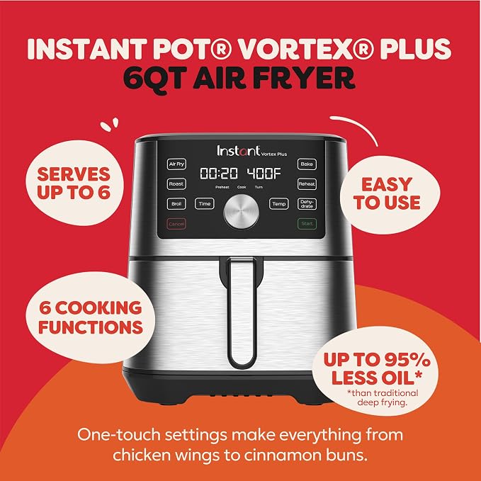 Instant Pot 6QT VORTEX Plus Air Fryer, 6-in-1, Air Fry, Broil, Dehydrate, Crisp, Roast, Reheat, Bake, Dishwasher-Safe Airfryer basket, from the Makers of Instant Pot, Stainless Steel - Image 2