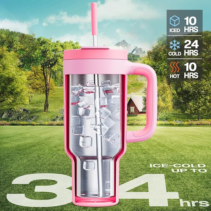 POWCAN 40 oz Tumbler with Handle, 2-in-1 Straw and Sip Lid, Leakproof, Dishwasher Safe, Insulated Stainless Steel Travel Coffee Mug, Keeps Cold for 34 Hours, Fits in Car Cup Holder (Coral) - Image 2