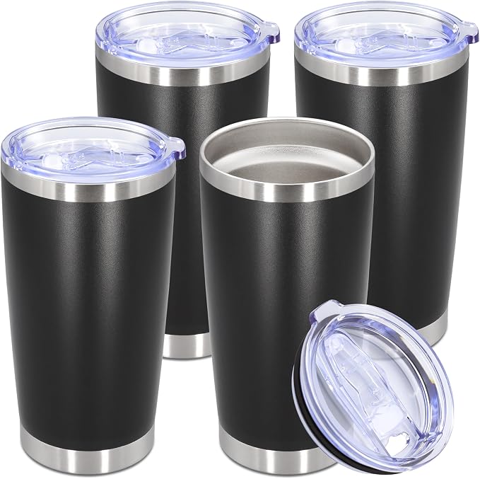 20oz Tumbler Stainless Steel Tumbler Cup with Lid Vacuum Insulated Double Wall Travel Mug, Durable Powder Coated Travel Coffee Tumbler Mug for Hot & Cold Drinks, Black,4 Pack by AUWBON