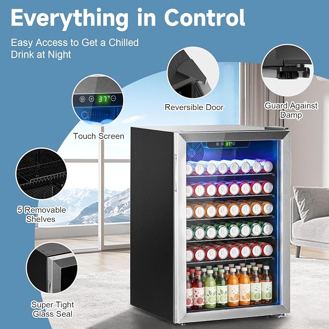 Erivess Mini Fridge 145Can Beverage Refrigerator Cooler Glass Door for Soda | 4.5 Cu Ft Drink Fridge for Home/Bar/Office with LED Display, Digital Temperature Control, Removable Shelves for Wine, Silver - Image 2