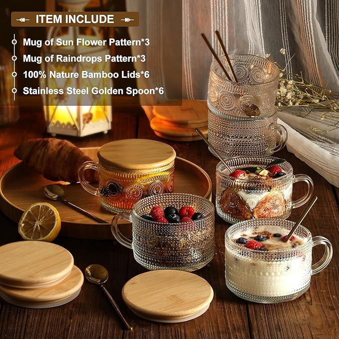LANDNEOO 6 Pack 14oz Vintage Glass Coffee Mugs - Image 2