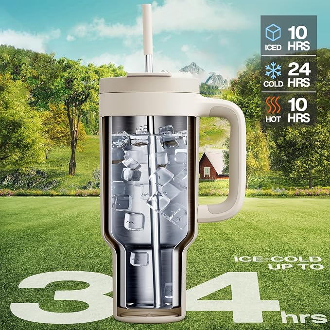 POWCAN 40 oz Tumbler with Handle, 2-in-1 Straw and Sip Lid, Leakproof, Dishwasher Safe, Insulated Stainless Steel Travel Coffee Mug, Keeps Cold for 34 Hours, Fits in Car Cup Holder (Oat) - Image 2