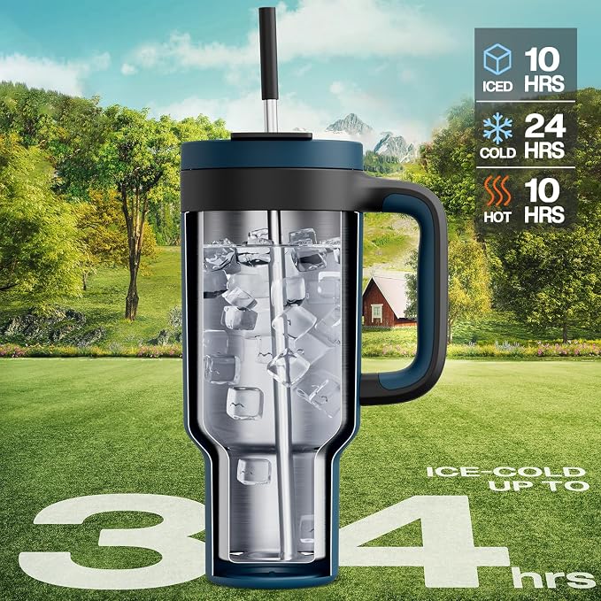 POWCAN 40 oz Tumbler with Handle, 2-in-1 Straw and Sip Lid, Leakproof, Dishwasher Safe, Insulated Stainless Steel Travel Coffee Mug, Keeps Cold for 34 Hours, Fits in Car Cup Holder (Deepsea) - Image 2