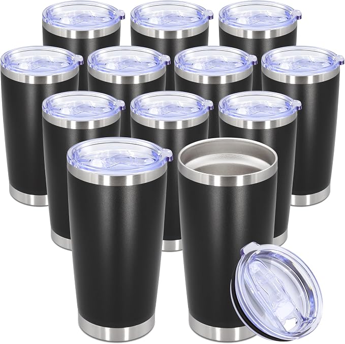 20oz Tumbler Bulk Stainless Steel Tumbler Cup with Lid Vacuum Insulated Double Wall Travel Mug, Durable Powder Coated Travel Coffee Tumbler Mug for Hot & Cold Drinks, Black,12 Pack by AUWBON