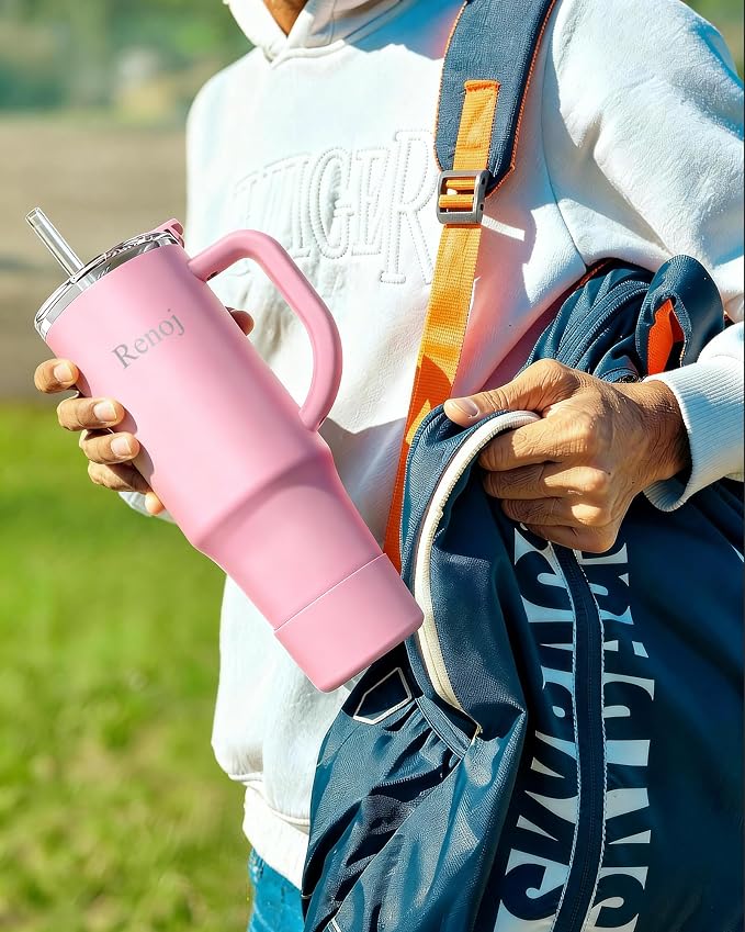 Renoj Insulated Mug 100% Leak Proof Insulated Water Bottle for Iced Coffee & Hot Drinks - Fits Car Cup Holder, Ideal Gift, 2 Straws & Silicone Boot - SnapShift Pink 32 oz - Image 5