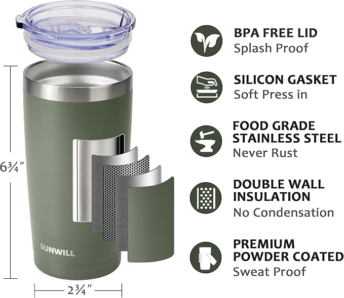SUNWILL Travel Coffee Tumbler 20 oz, Insulated Mug with Lid, Stainless Steel Iced Cup for Outdoor, Powder Coated Camp Green - Image 2