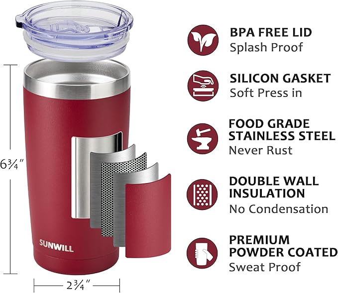 SUNWILL Travel Coffee Tumbler 20 oz, Insulated Mug with Lid, Stainless Steel Cup for Hot and Cold Drinks, Powder Coated Wine Red - Image 2