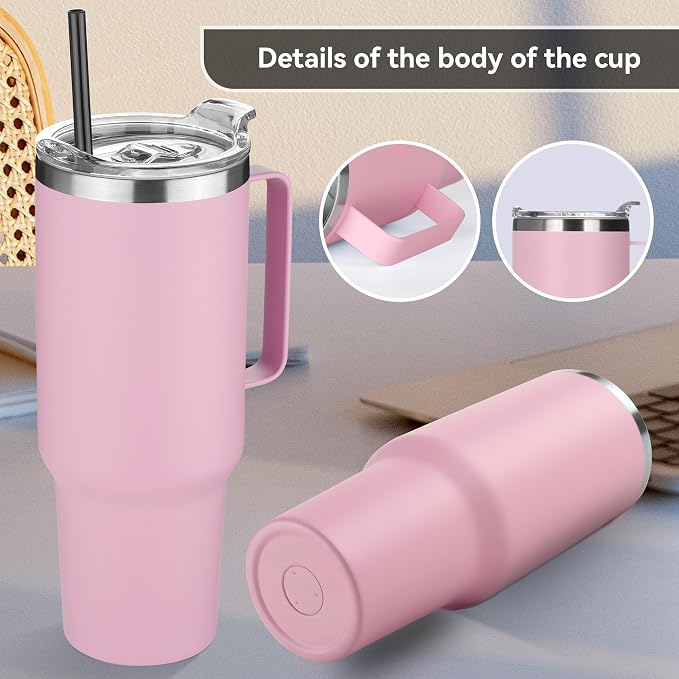 HASLE OUTFITTERS 40 oz Stainless Steel Tumbler with Handle, Vacuum Insulated Tumblers Bulk, Reusable Double Wall Travel Coffee Mug, Durable Powder Coated Water Bottle(Pink, 1) - Image 5