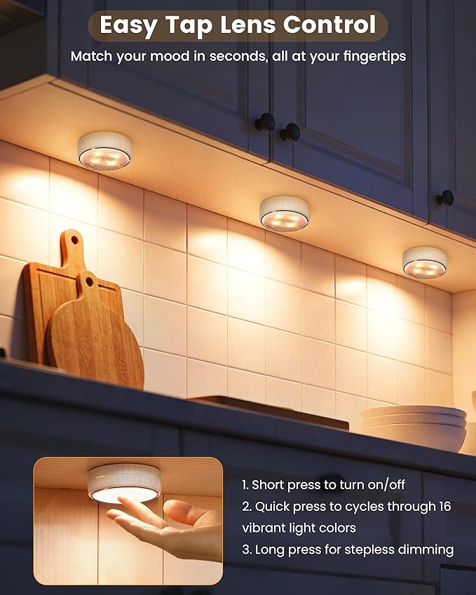 LED Puck Lights with Remote Control & Timer, Battery Operated Under Cabinet - Image 2