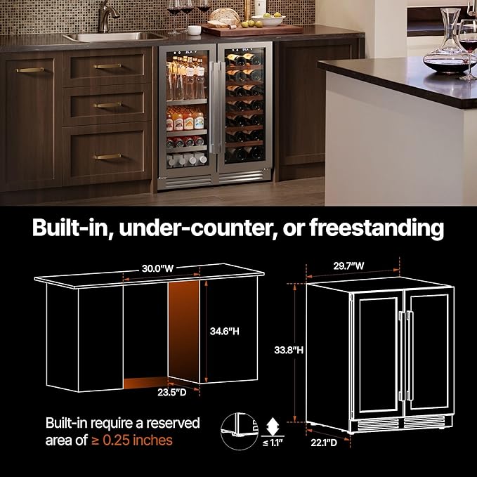 Ca'Lefort 30 Inch Wine & Beverage Refrigerator, 80 Can & 33 Bottle | 36-72°F Touch Control, Dual-Pane Glass Door, Adjustable Shelves, 3 Color LED, Built-In or Under Counter for Home Bar Kitchen - Image 6