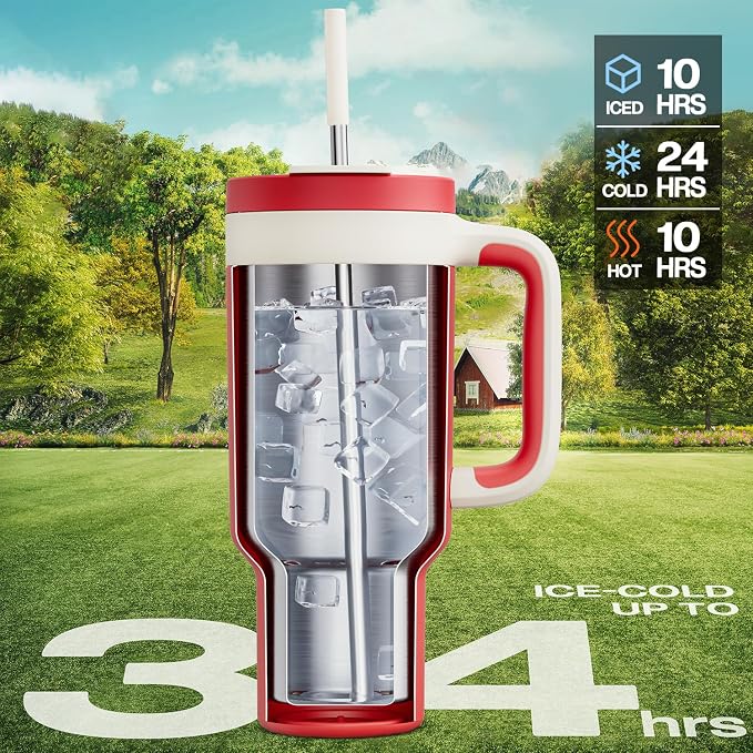 POWCAN 40 oz Tumbler with Handle, 2-in-1 Straw and Sip Lid, Leakproof, Dishwasher Safe, Insulated Stainless Steel Travel Coffee Mug, Keeps Cold for 34 Hours, Fits in Car Cup Holder (Passion) - Image 2