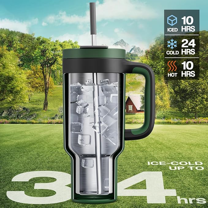 POWCAN 40 oz Tumbler with Handle, 2-in-1 Straw and Sip Lid, Leakproof, Dishwasher Safe, Insulated Stainless Steel Travel Coffee Mug, Keeps Cold for 34 Hours, Fits in Car Cup Holder (Forest) - Image 2