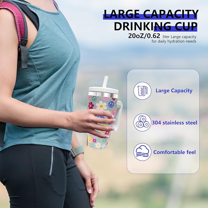 2PCS 20-OZ Insulated Water Bottle,Insulated Stainless Steel Tumbler,Reusable Cold Drink Thermos,BPA-Free, Double-Wall Stainless Steel Water Bottle (Green-Simleyface Flowers, 20, Fluid Ounces) - Image 4