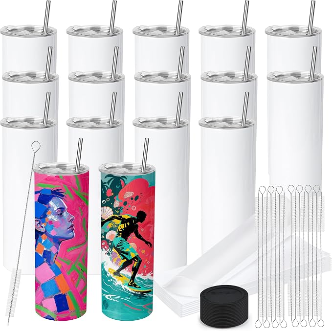 Joyclub 16 Pack Sublimation Tumblers Blanks 20 oz Flat Edge Skinny Straight Sublimation Cups With Lids and Straws for Heat Press No Gift Boxes by Joyclub