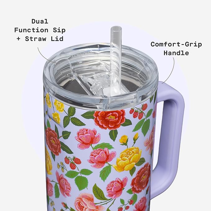 Corkcicle x Rifle Paper Co. Cruiser Insulated Tumbler with Handle & Straw - Keeps Drinks Cold 20 Hours - BPA-Free - Gift for Mom - Great for Mother's Day or Christmas - 40 oz - Roses Purple - Image 5