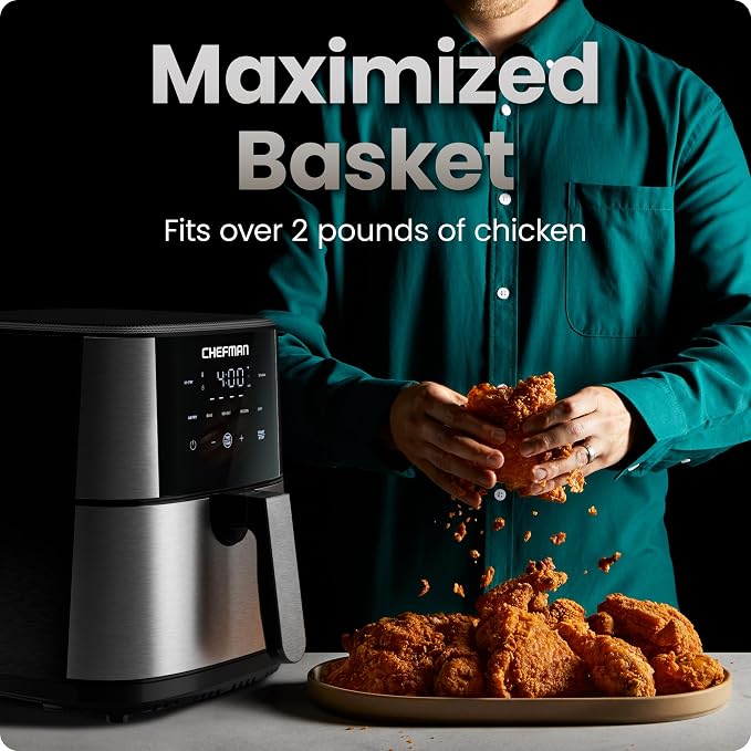 Chefman Air Fryer 6 Qt | TurboFry® 5-in-1 with 450°F Hi-Fry Option for Crispier Results | Bake, Dehydrate, Frozen | XL Nonstick Dishwasher-Safe Basket | Stainless Steel - Image 3