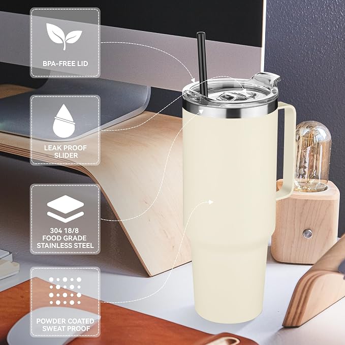 HASLE OUTFITTERS 40 oz Stainless Steel Tumbler with Handle, Vacuum Insulated Tumblers Bulk, Reusable Double Wall Travel Coffee Mug, Durable Powder Coated Water Bottle(Beige, 1) - Image 5