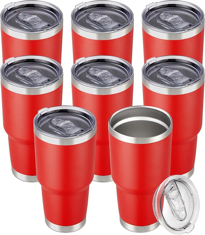 30 oz Tumbler with Lid Stainless Steel Tumblers Bulk Vacuum Insulated Cup Reusable Powder Coated Travel Mug Double Wall Leak Proof Cups Keep Cold Drinks for 12 Hours Red, Set of 8 by CoolYoleb