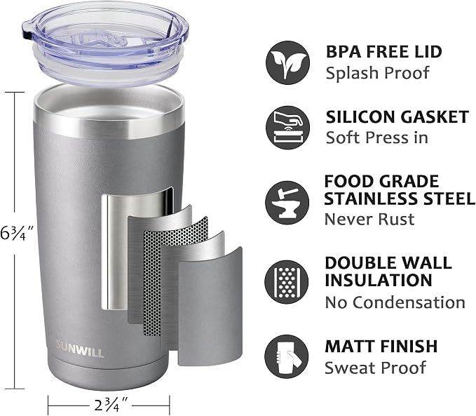 SUNWILL Travel Coffee Tumbler 20 oz, Insulated Mug with Lid, Stainless Steel Cup for Hot and Cold Drinks, Cool Grey - Image 2
